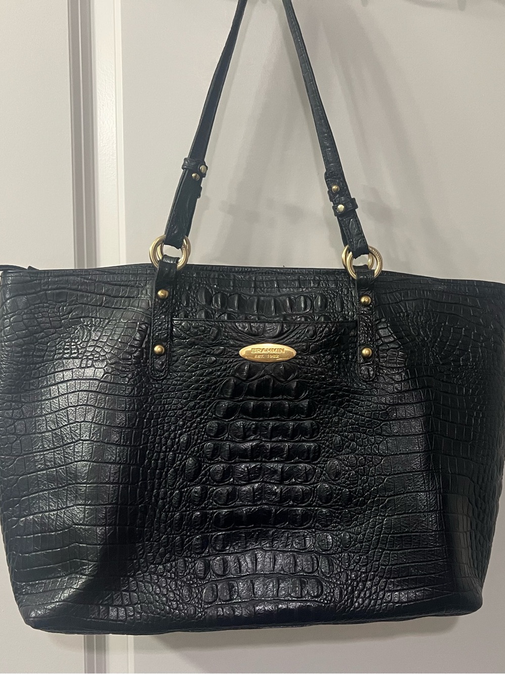 Brahmin Black Croc-Embossed Leather Tote with Gold Hardware